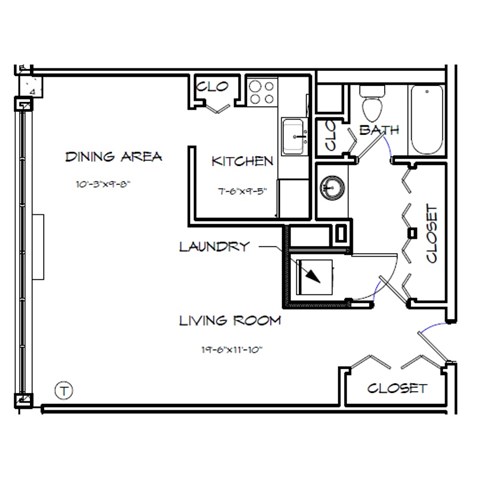 Floor plan for studio, 1 bath, 570 sqft